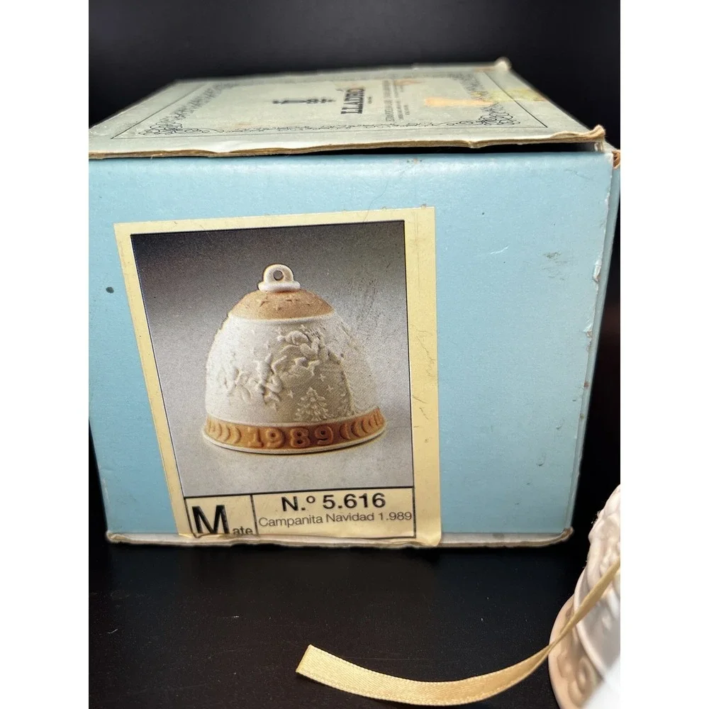 VTG 1989 Lladro Christmas Bell Ornament Bisque Porcelain White Tan Angels w/BOX